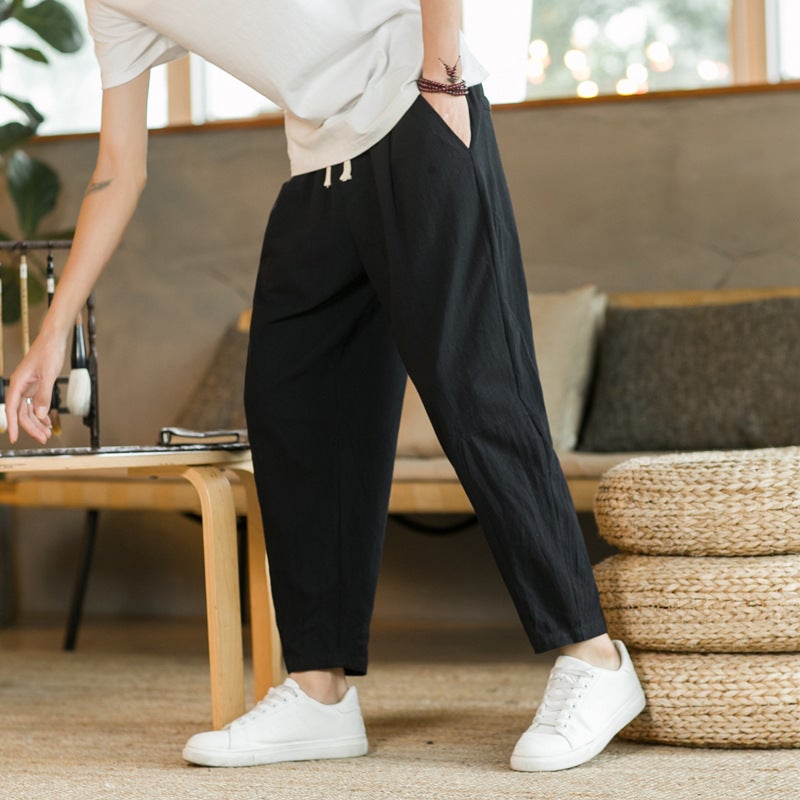 2024 Summer Casual Pants Men'S All-Match Cotton And Linen Loose Linen Pants Korean Fashionable Ankle-Length Pants Straight Pants - Image 3
